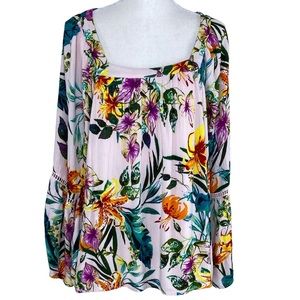 Cupio Top Pink Floral XL Flowy Bell Sleeve Lined Rayon Square Neck Tatting Trim